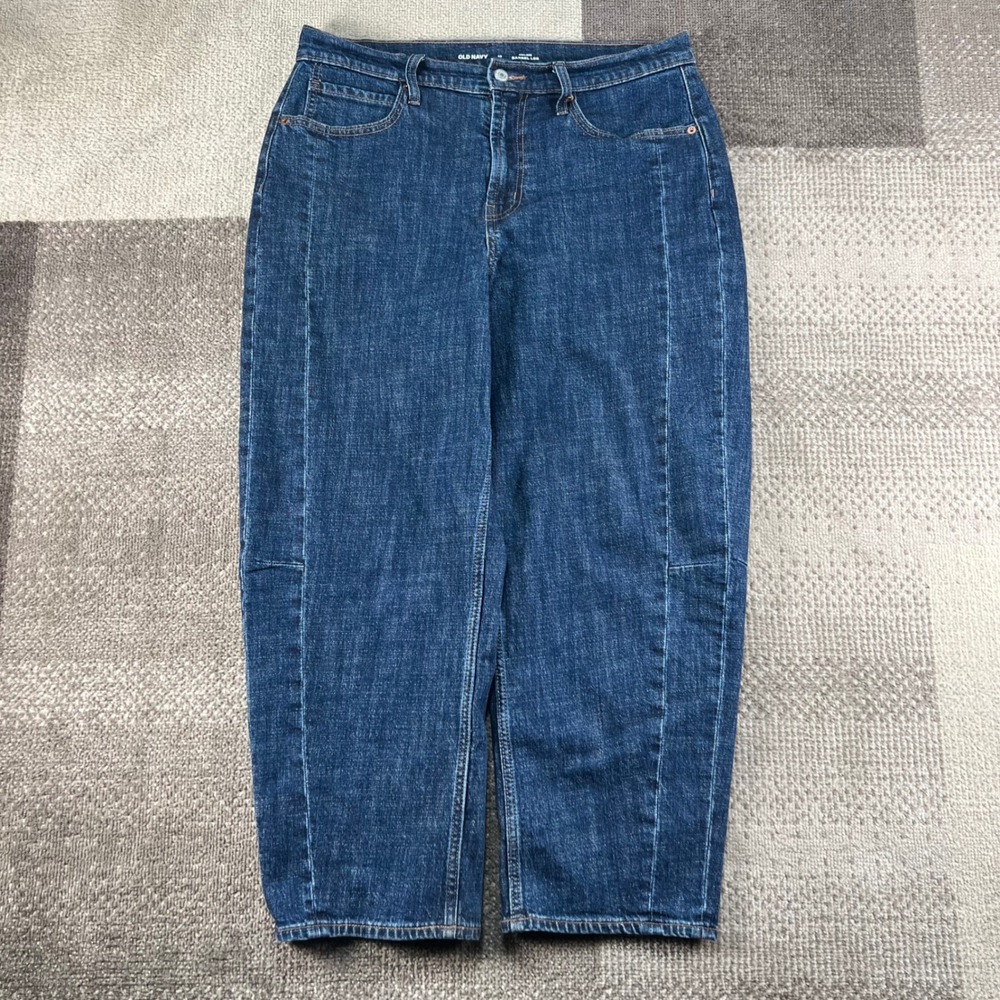 Old Navy High-Rise Barrel Leg Jeans Womens 12 Dark Wash Blue Denim Seam Detail